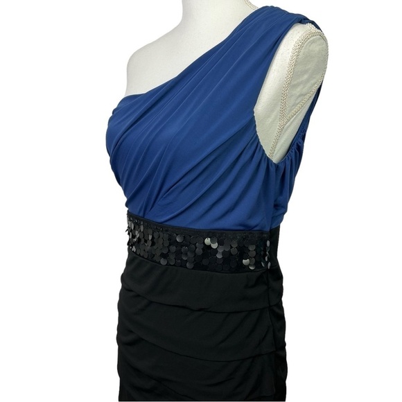 NWT Studio Y Women’s One Shoulder Dress Sz Medium Blue/Black Sequins Side Zipper - Picture 4 of 16